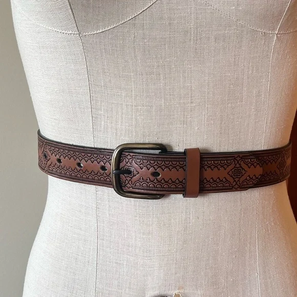 Brown Faux Leather Tooled Belt Vegan Casual Unisex - Picture 3 of 8